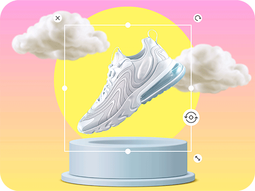 surrealistic edit of a white trainer in clouds with a rotated image option bar