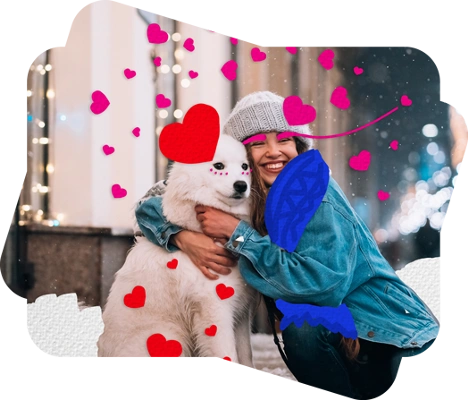 smiling girl with a white dog on a valentine's card with pink and red heart stickers