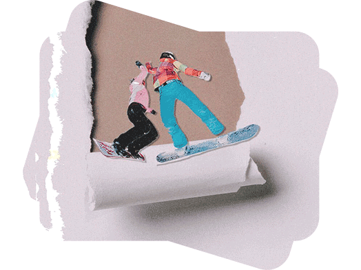 ripped paper effect on a picture of a snowboarding couple