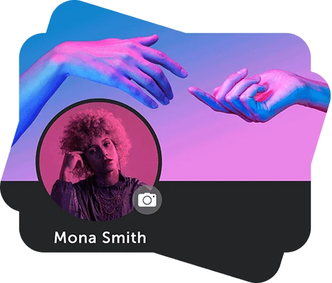 social media account of a curly female with modern DaVinci style hands background
