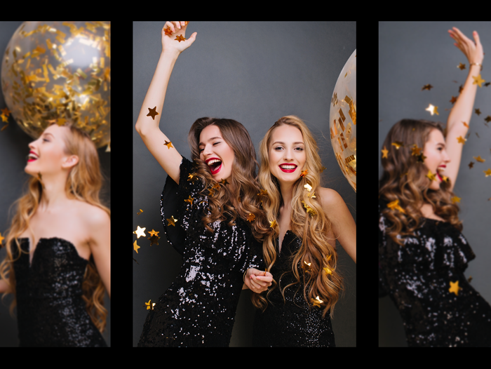 happy girls in festive dresses laughing