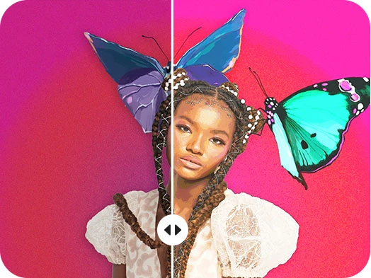 picture of an Afro-American young woman with butterfly stickers and watercolor effect