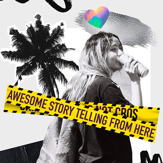 a photo of a woman drinking a fizzy drink with creative stickers
