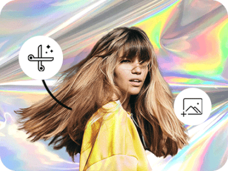 trendy blond hair girl in a yellow shirt posing on a multicolor background