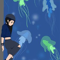 jellyfish blue green water girl freetoedit