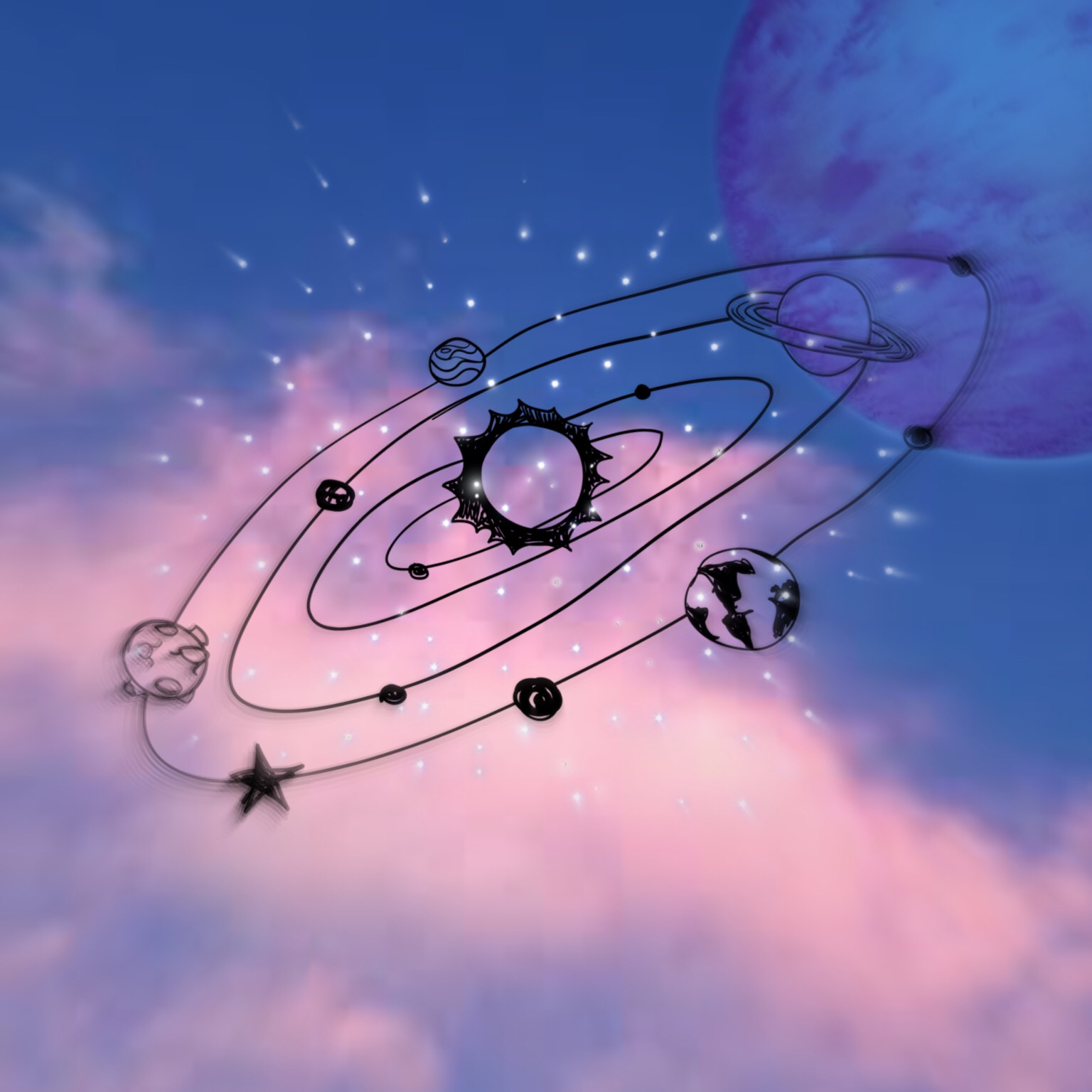 Galaxy Pink Moon Backround clouds Aesthetic Blue Planet...