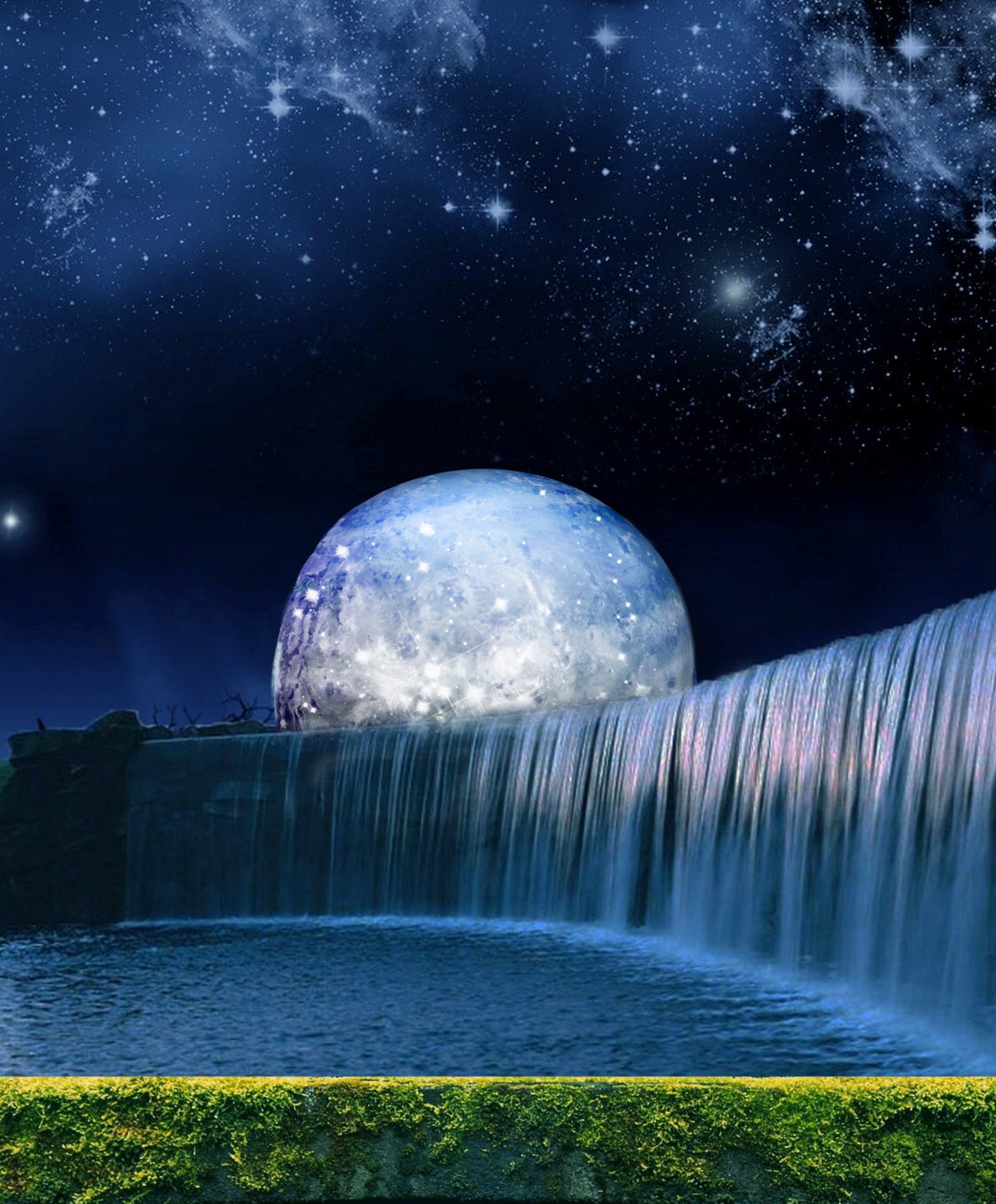 Лунное миру 18. Лунный пейзаж. Фантастические лунные пейзажи. Под лунным светом. Луна и водопад.