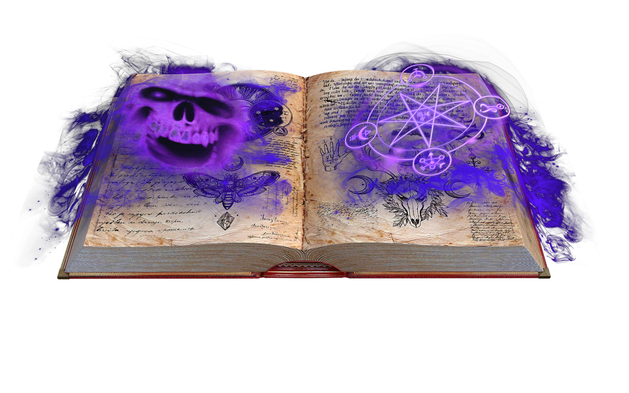 Книжка магии. Магические атрибуты. Фиолетовая магия. Волшебная книга заклинаний. Тег магия