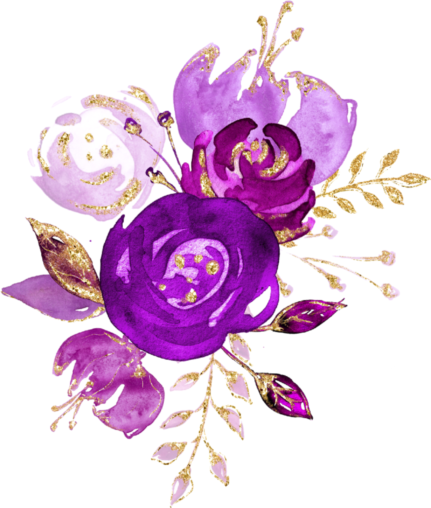 watercolor flowers bouquet bunch purple plum gold png...