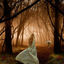 freetoedit myedit madewithpicsart remixed nature woman forest dream fantasy wolf dog landscape
