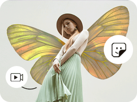 trendy blond hair girl wearing green skirt and round hat posing with butterfly wings