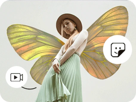 trendy blond hair girl wearing green skirt and round hat posing with butterfly wings