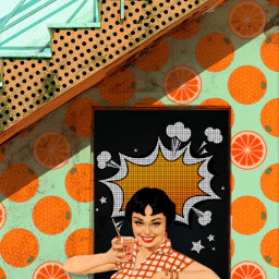 freetoedit popart popartbackground picsartstickers oranges lady cheers stairs cyan