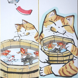 drawing art cat goldfish tub windchimes japan 猫 金魚 桶 風鈴 色紙 freetoedit