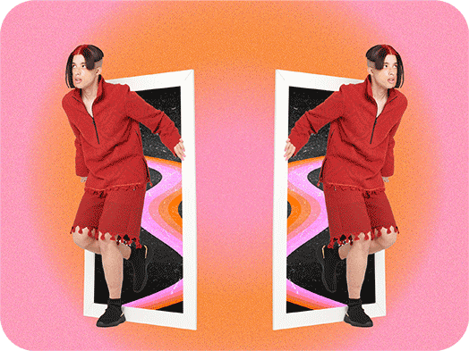 mirror effect on a picture of a man with a red outfit