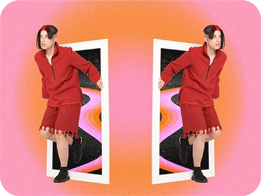 mirror effect on a picture of a man with a red outfit