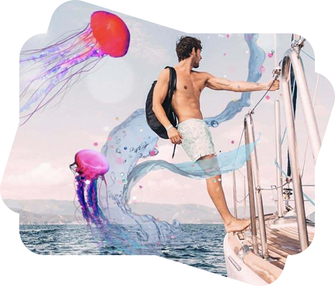 man on the boat with meduza stickers