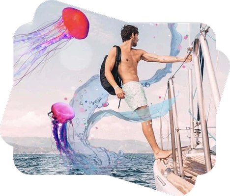 man on the boat with meduza stickers