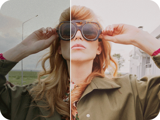 picture of a girl holding her stylish sunglasses with light photo effect