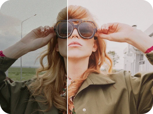 picture of a girl holding her stylish sunglasses with light photo effect