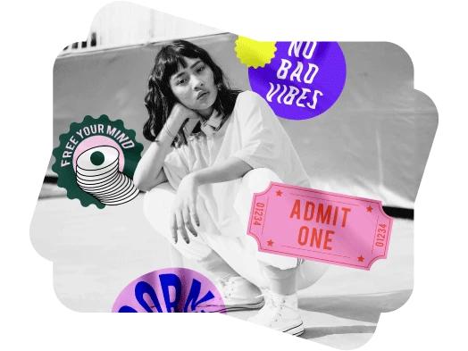 picture of a girl with black and white light photo filters and colorful text stickers