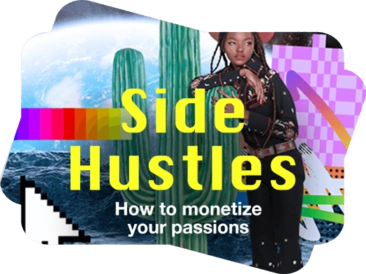 side hustles text on a youtube banner with a girl and creative stickers