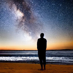 freetoedit nature aigenerated silhouette man beach milkyway galaxy ocean stars orient_arts picsart