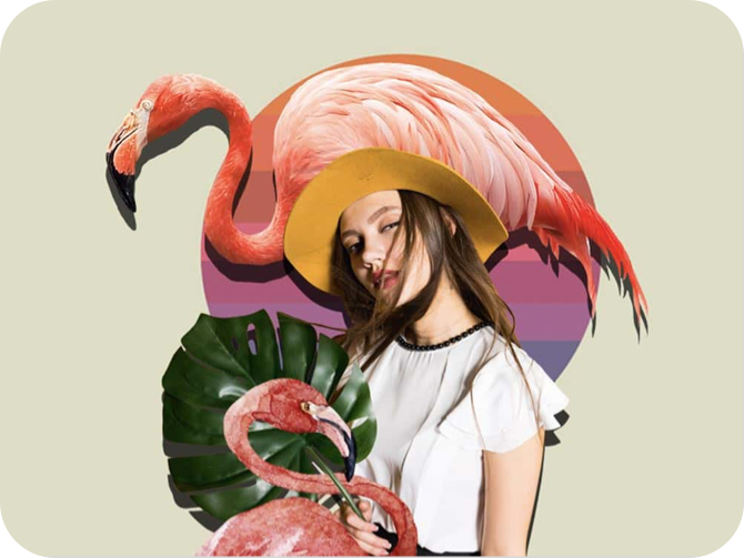girl with a hat on with flamingo stickers 