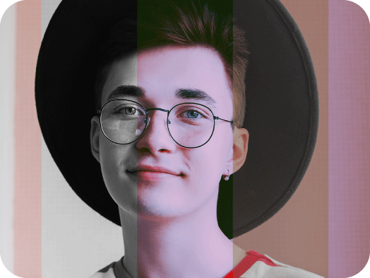 light filters on a portrait of a smiling boy wearing hat and glasses