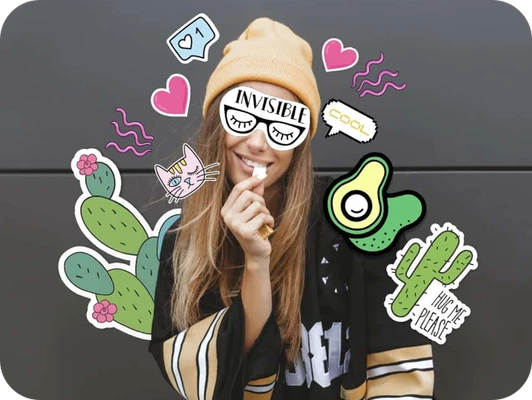blond hair girl with cactus, heart, avocado and cut stickers
