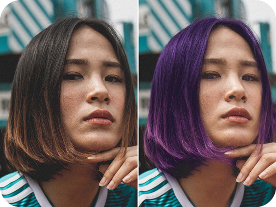 image d'une fille avant et après avoir eu les cheveux violets