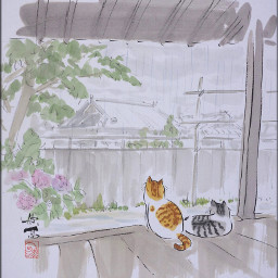 drawing art cat rainyseason rain hydrangea japan 梅雨 猫 縁側 雨 freetoedit