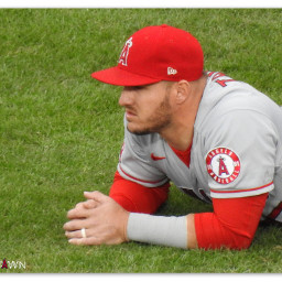 myphoto myphotography attheballpark atthegame mlb baseball laangels man athlete sportsman professional centerfielder 27 miketrout stretching onthefield highangleview perspective mlbphotography bordered